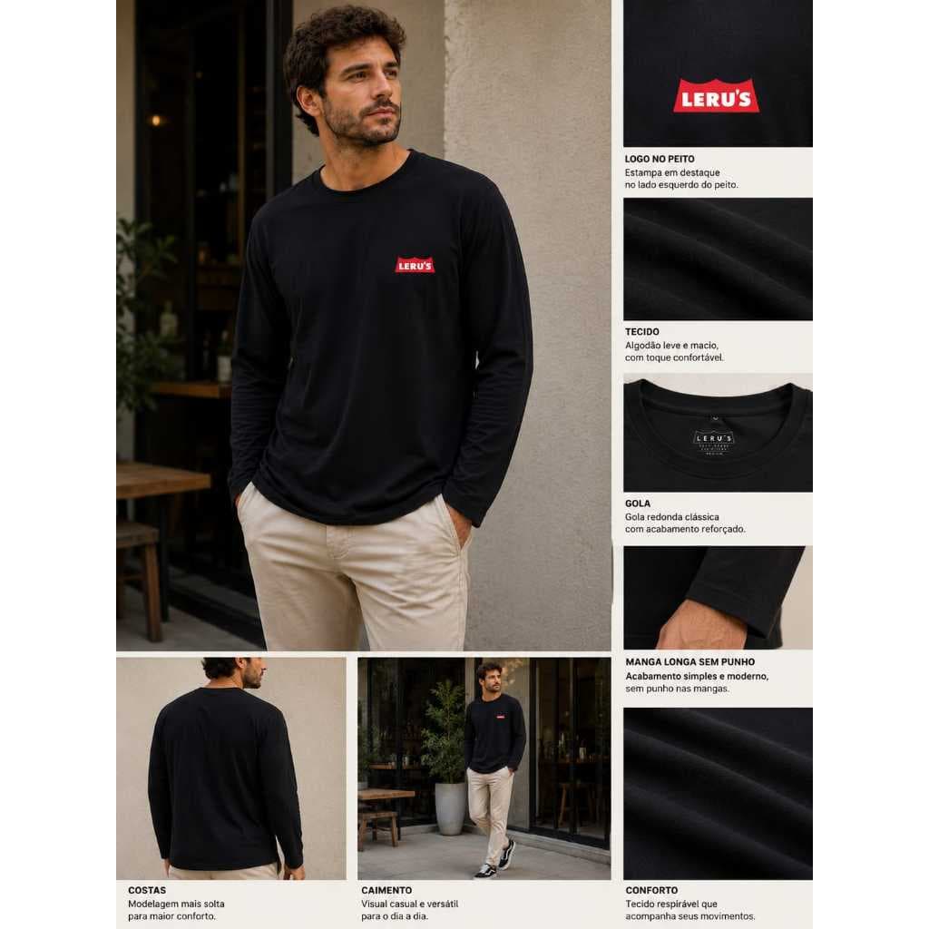 CAMISETA MANGA LONGA MASCULINA GOLA CARECA BÁSICA CASUAL PREMIUM LERUS