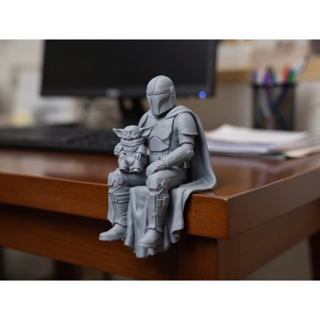 Boneco Estátua Mandaloriano e Grogu Sentado e Decoração Geek Colecionável Item Decorativo Star Wars
