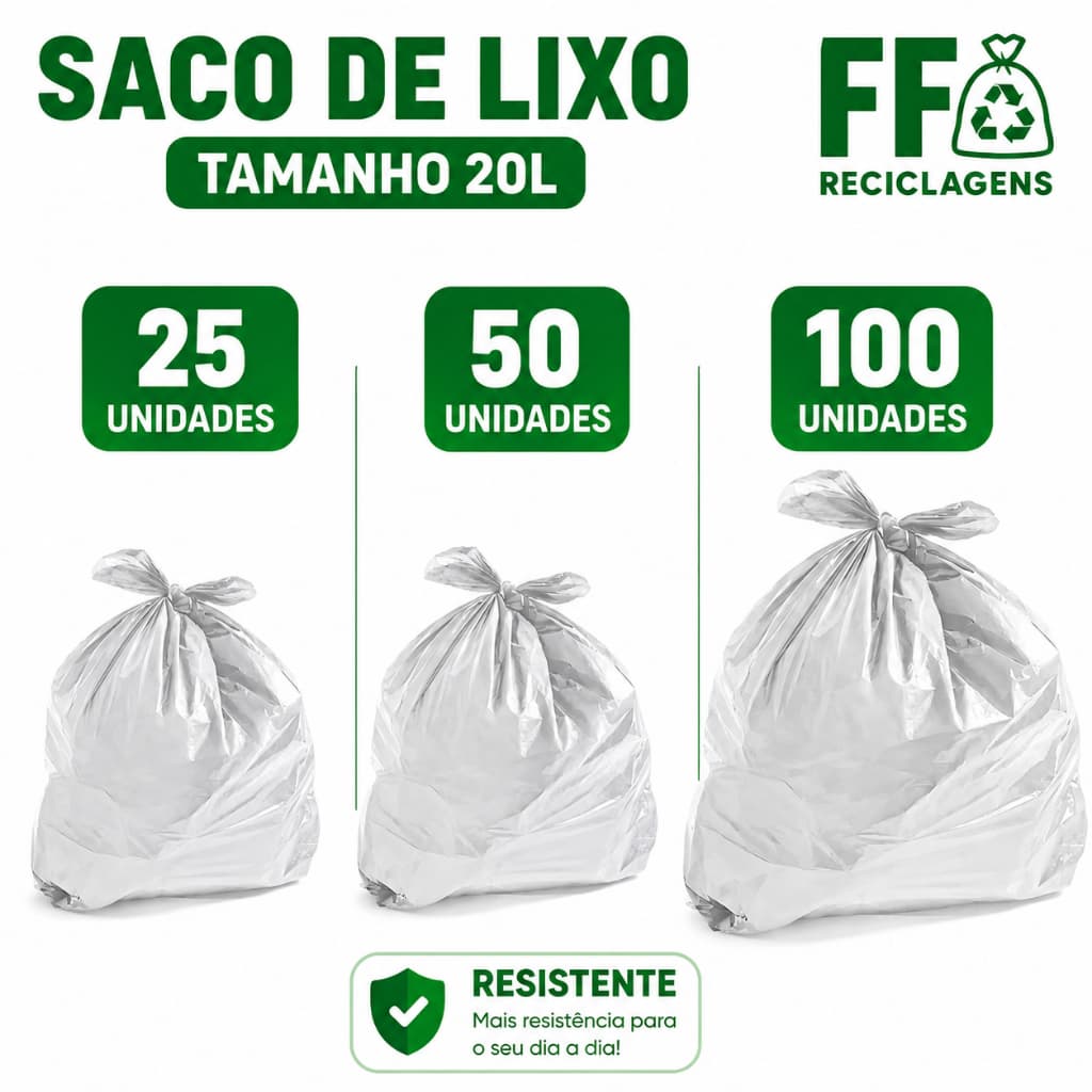 Saco de lixo 20 litros Colorido Branco Com 25, 50 ou 100 unidades