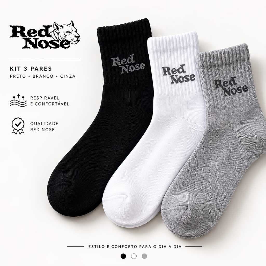 Kit 3 Pares Meia Red Nose Cano Medio 10cm Meia Masculina 39 ao 43 Meia Preto Branco Cinza