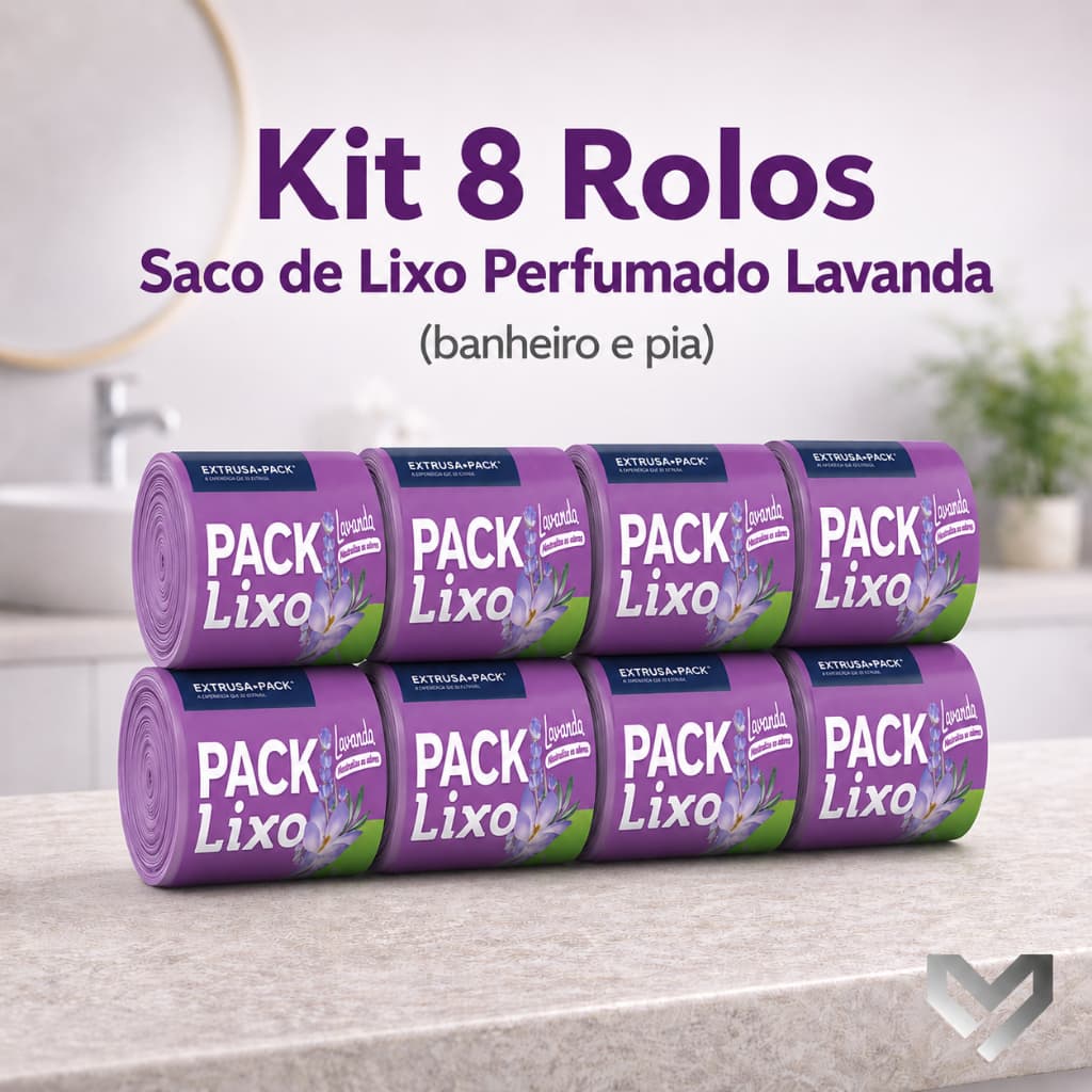 Kit 8 Rolos Saco Lixo 8L Lavanda 320 Unidades 34x38 Resistente Perfumado Banheiro Pia Cozinha Neutraliza Odores