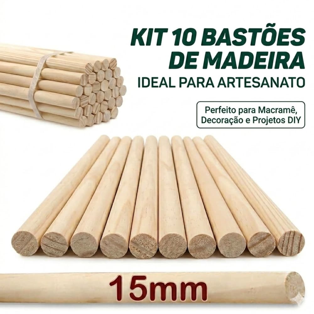 Kit 10 Poleiros 15mm Vareta Bastão Cavilha De Madeira Pinus Para Artesanato Poleiro Palito