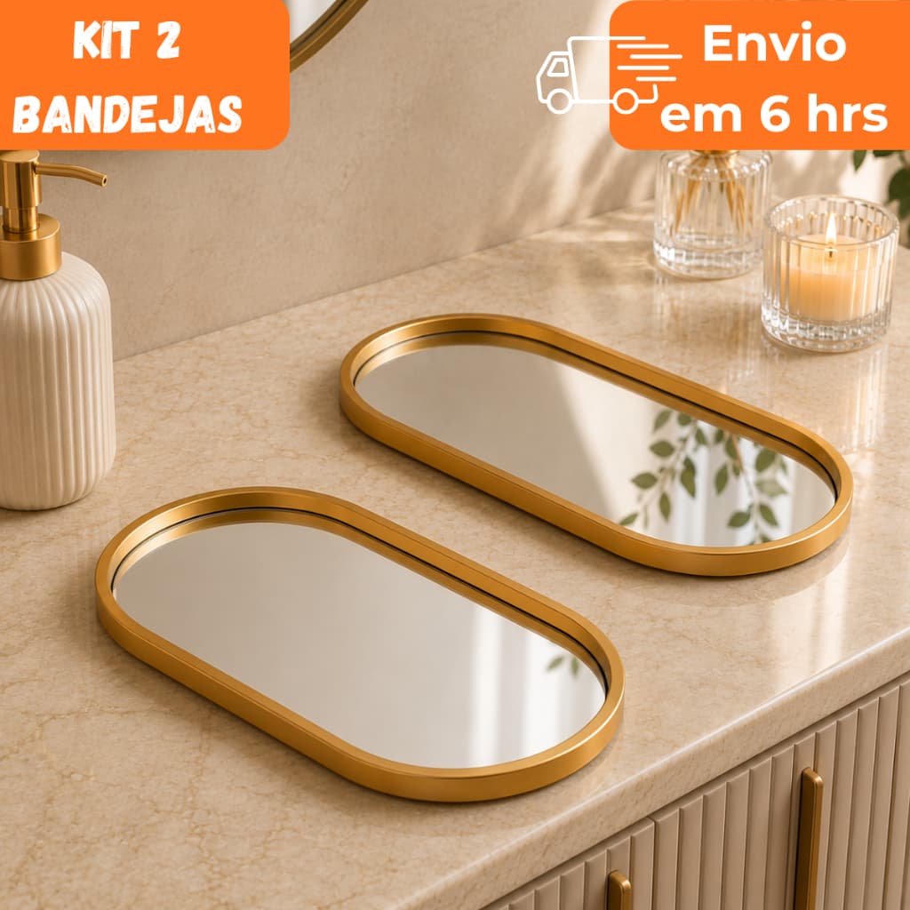 Kit 2 Bandejas Decorativas Espelhada Preta Dourada Porta Maquiagem Lavabo Sala e Banheiro Luxo