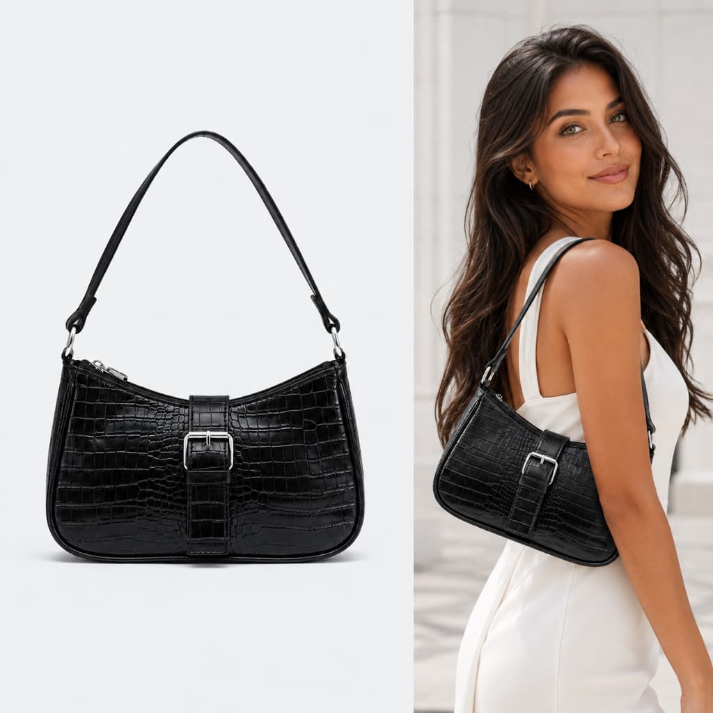 Bolsa Feminina Pequena Croco Baguete de Ombro com Zíper e Fecho Magnético Preta Branca Prata Dourada