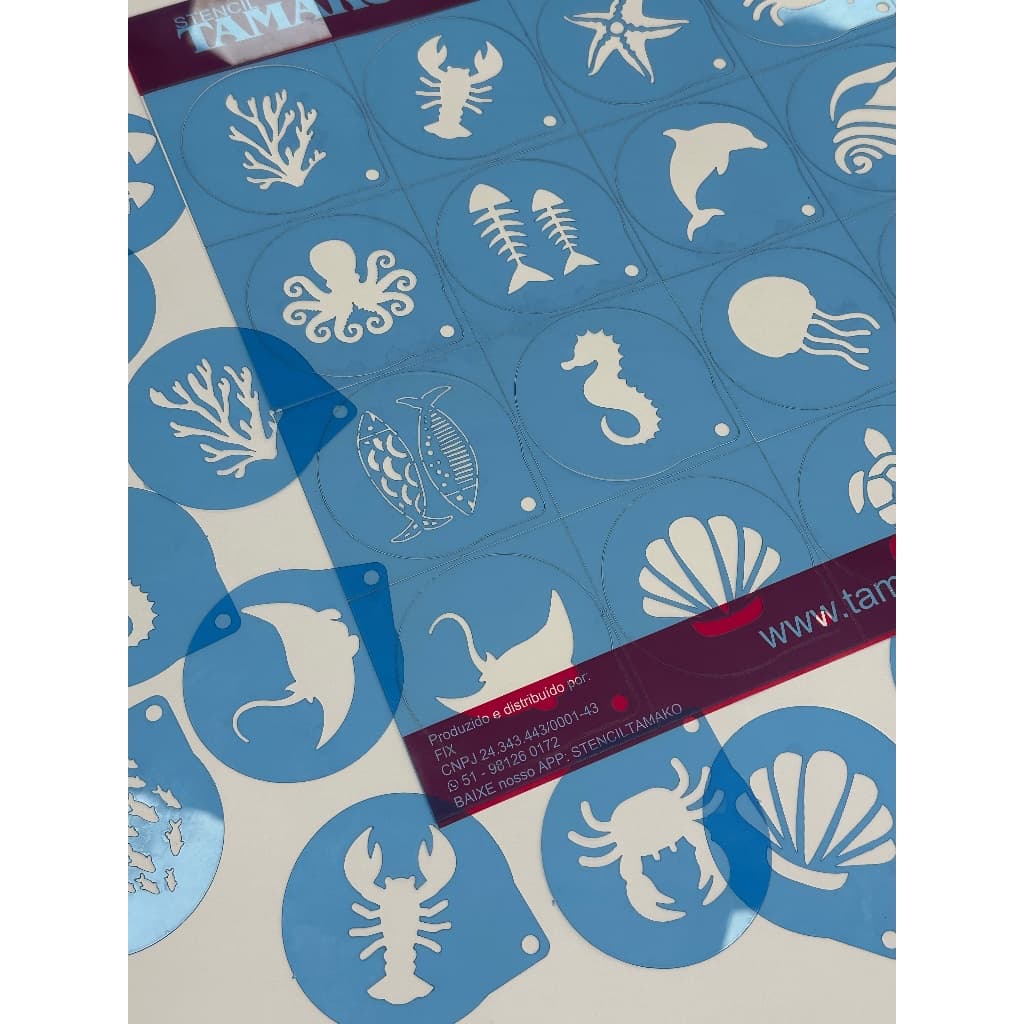 Kit com 16 Mini Stencils Fundo do Mar para Pintura