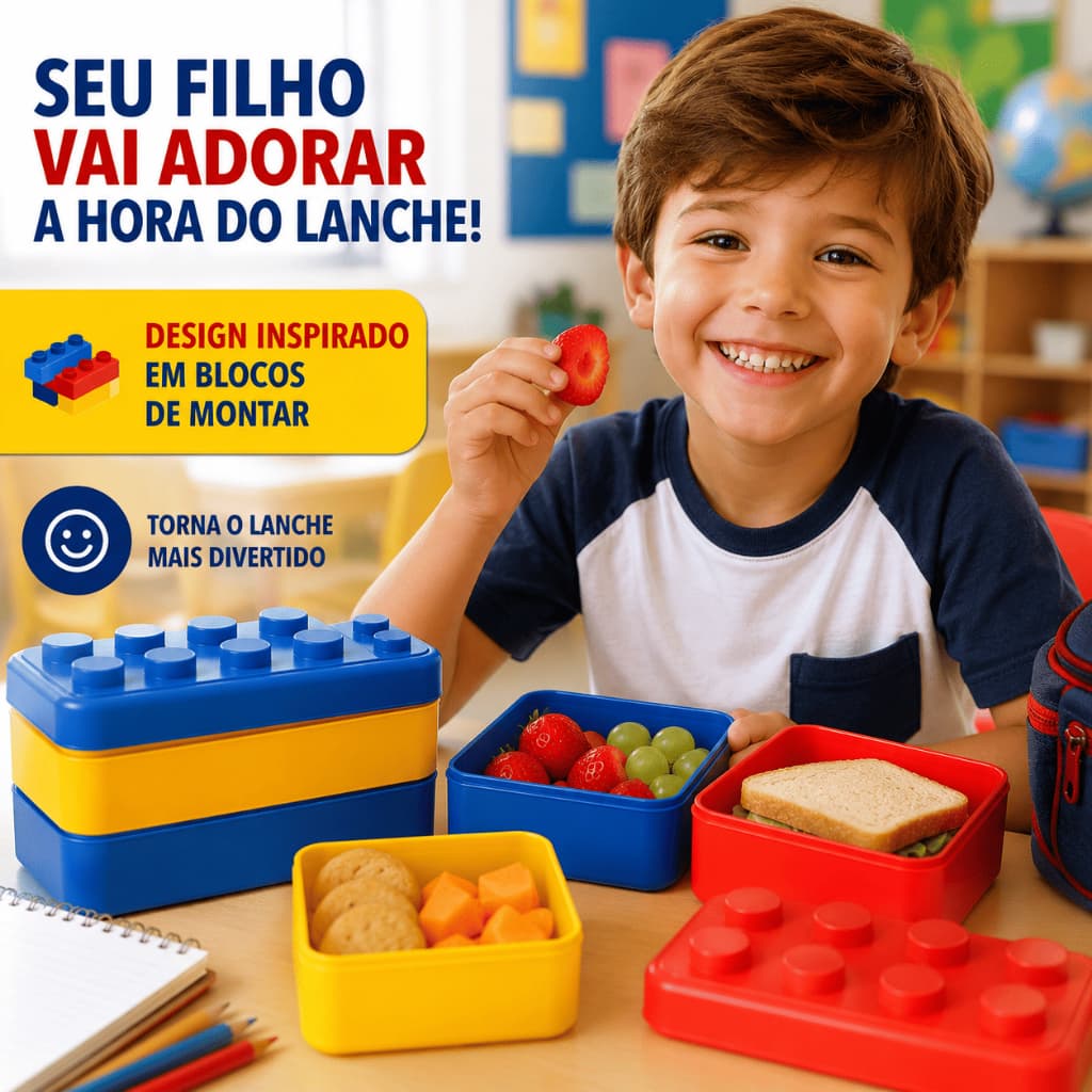 Pote Marmita Lancheira Termica Infantil Lego Blocos de Montar com Divisória Menino e Menina