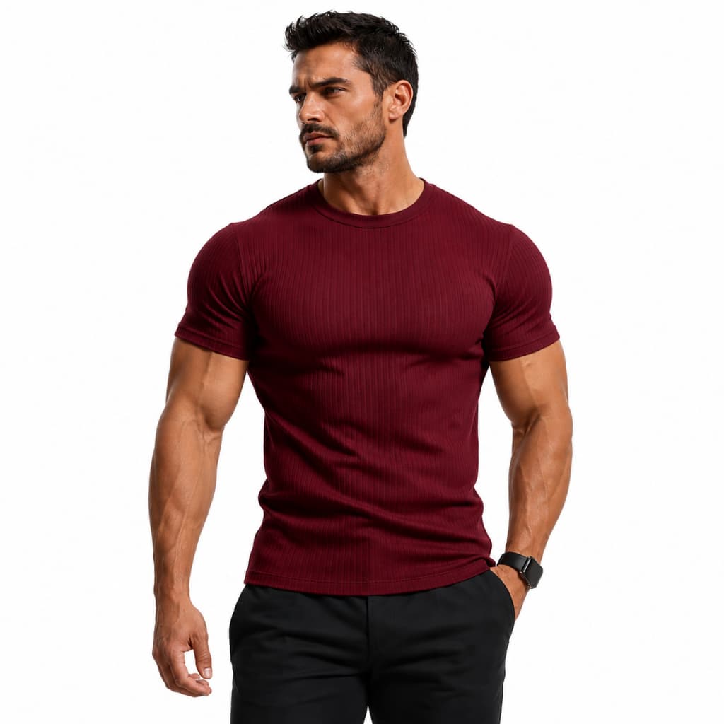Camiseta Masculina Canelada Manga Curta Slim Gola Careca Malha Canelada Blusa Masculina Básica Lisa Verão