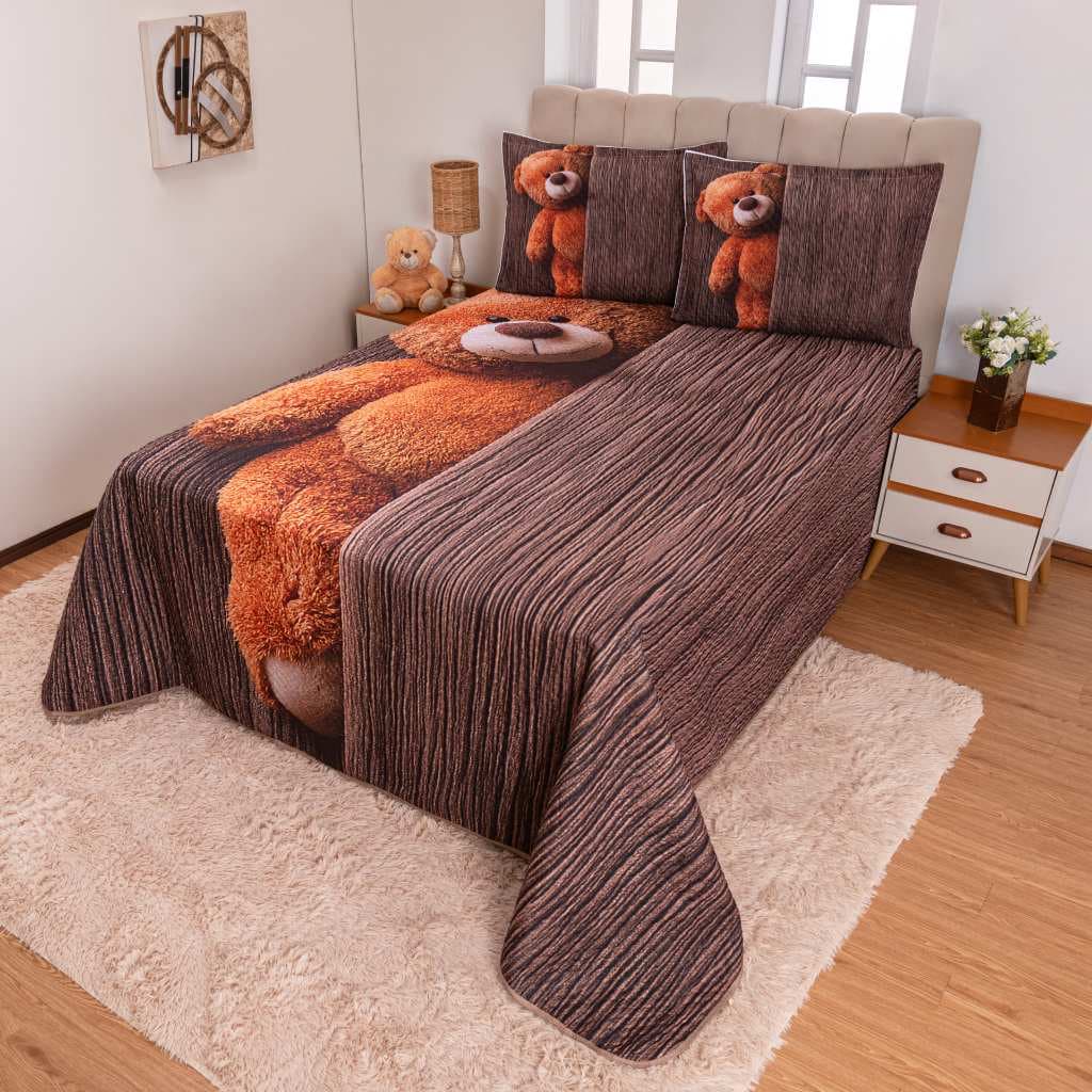Kit Colcha Casal Queen 3 Peças Dupla Face 400 Fios Estampa Ursinho Exclusiva Matelada Premium