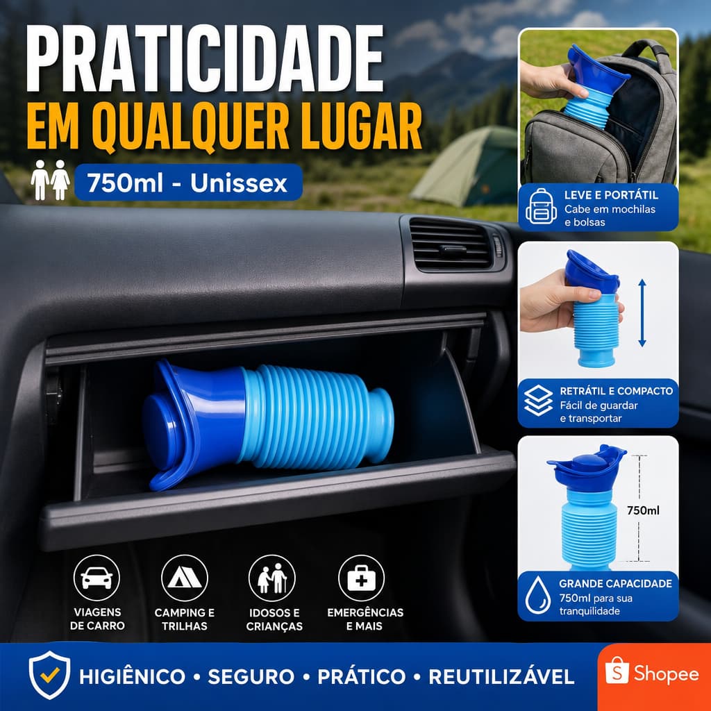 Mictório Portátil Retrátil 750ml Unissex Masculino Feminino Infantil Urinol Para Viagem Carro Camping