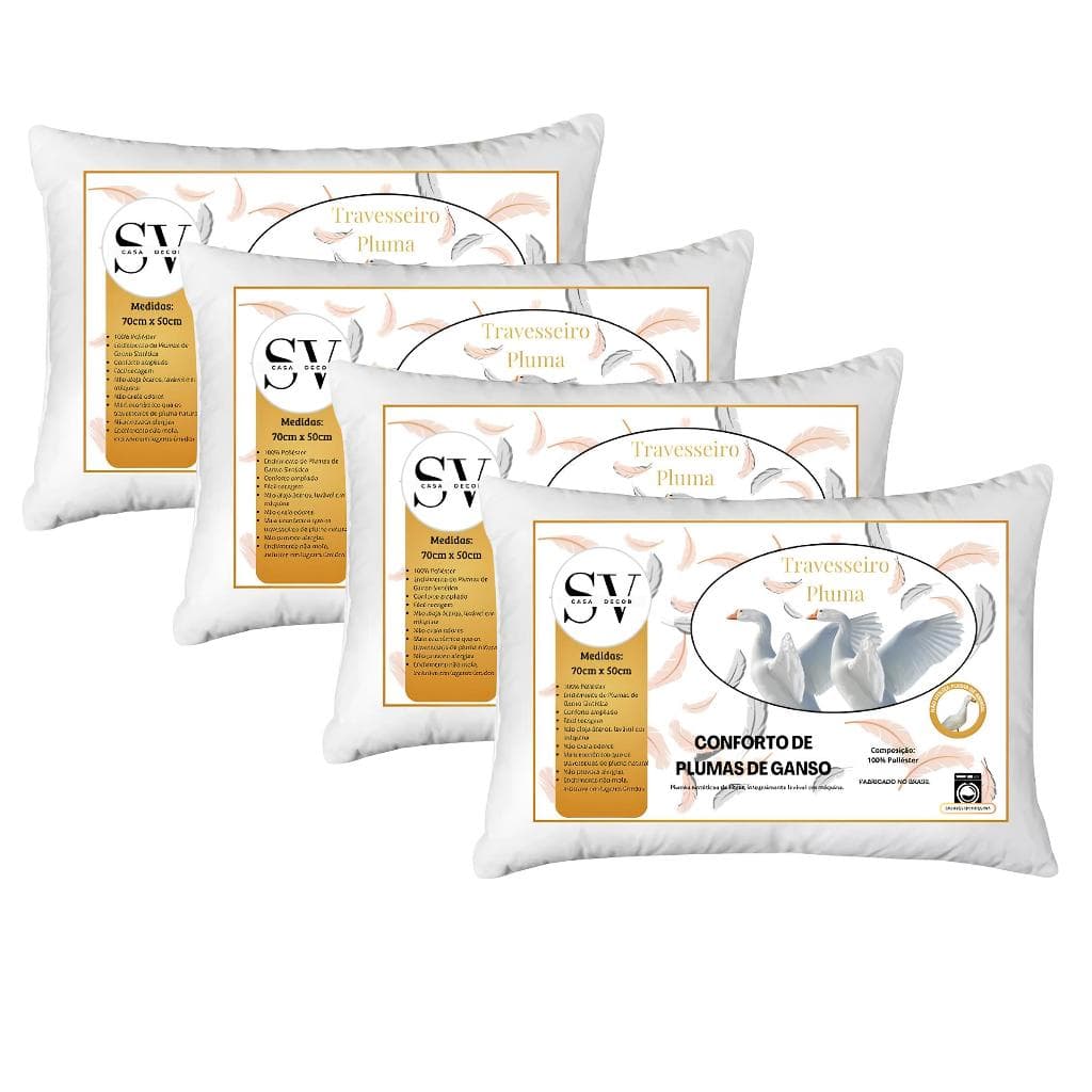 Kit 4 Travesseiro Pluma de Ganso Macio e Confortavel Antiacaro 50x70cm