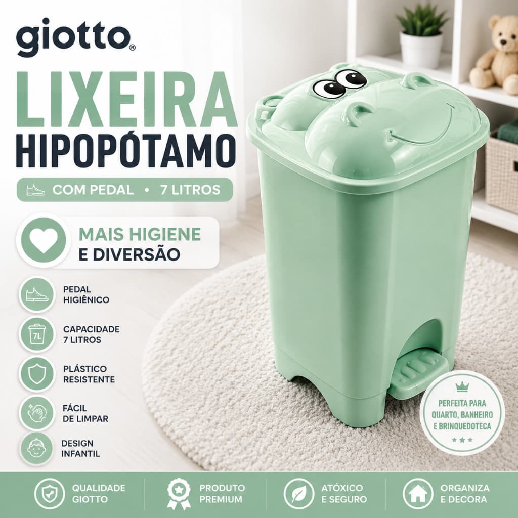 Lixeira Hipopotamo Com Pedal Infantil 7 Litros Verde Fofinho Meninos e Meninas Quarto Organização Giotto
