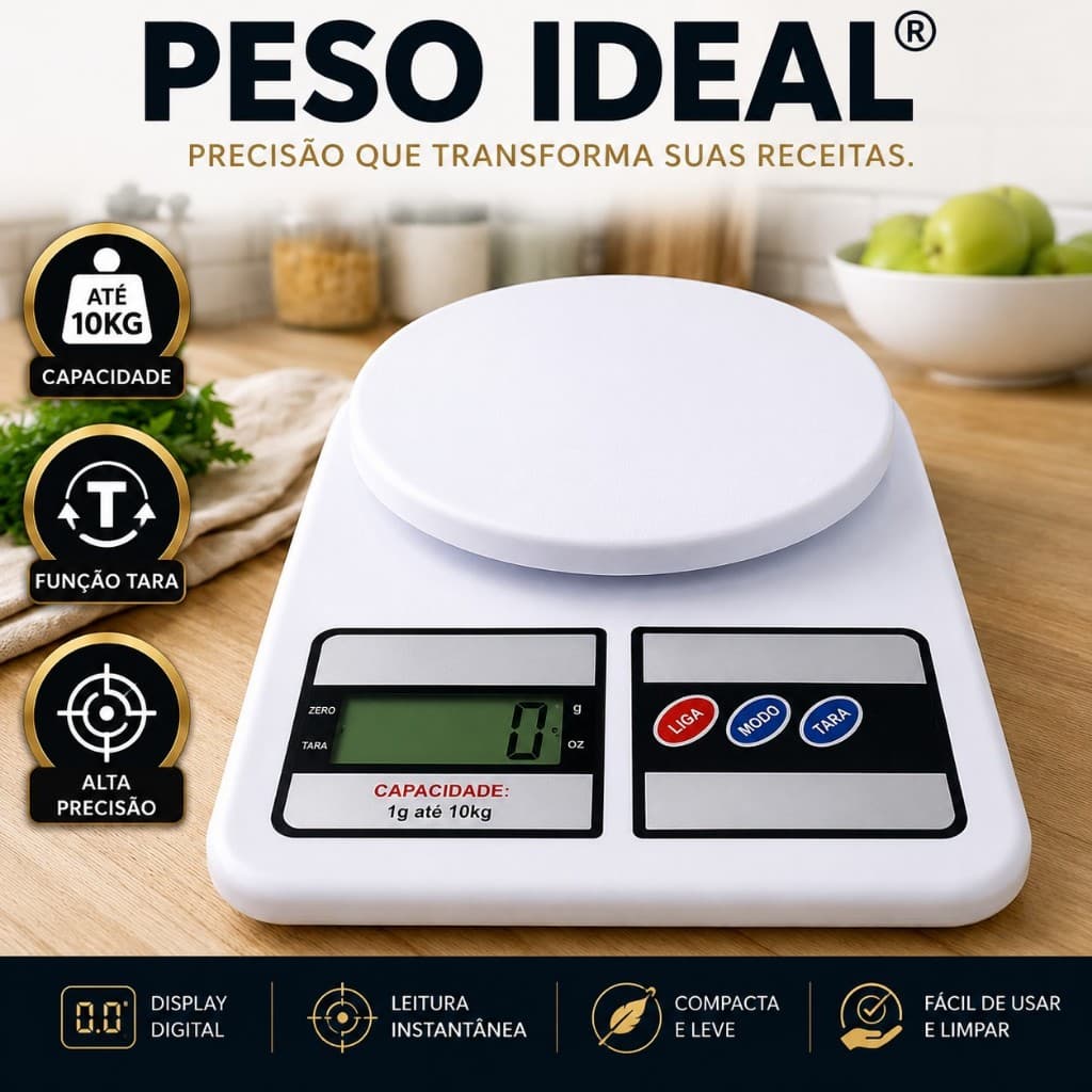 Balança Digital Cozinha Peso Ideal 10kg Alta Precisão Função Tara Display LCD Portátil