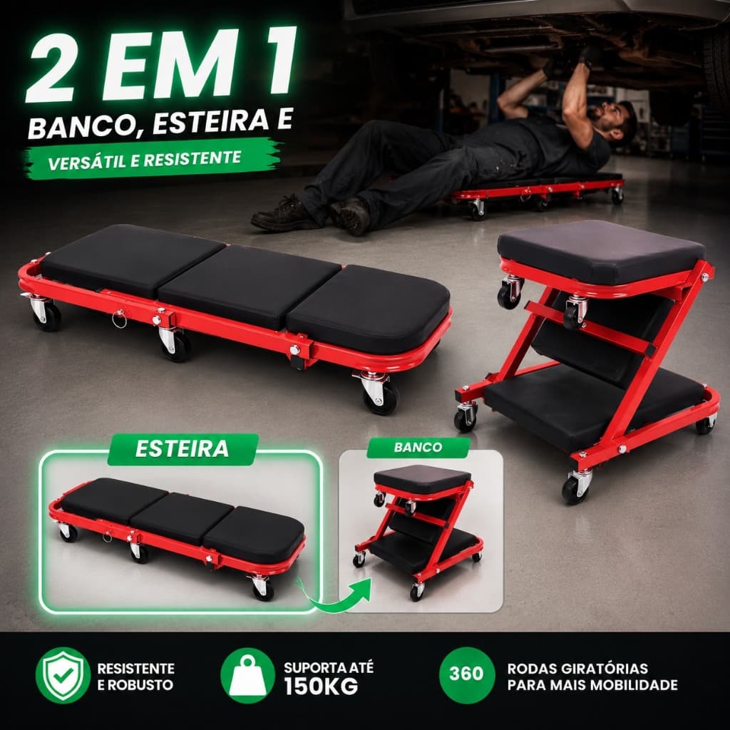 Carrinho Para Mecânico 2 Em 1 Banco E Esteira Automotiva Alta Resistência