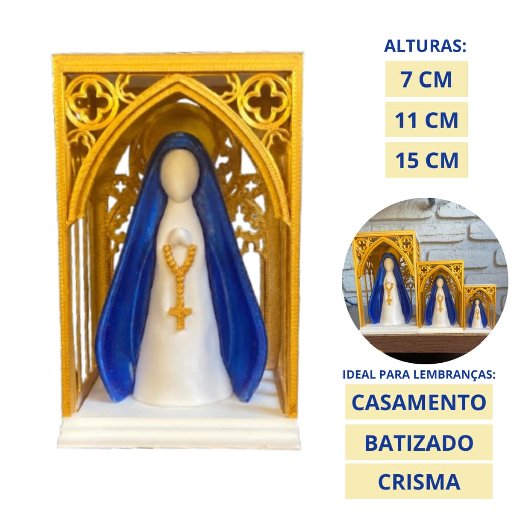 Nossa Senhora em Capela 3D Decorativa 7cm 11cm 15cm Presente Católico Batizado Crisma