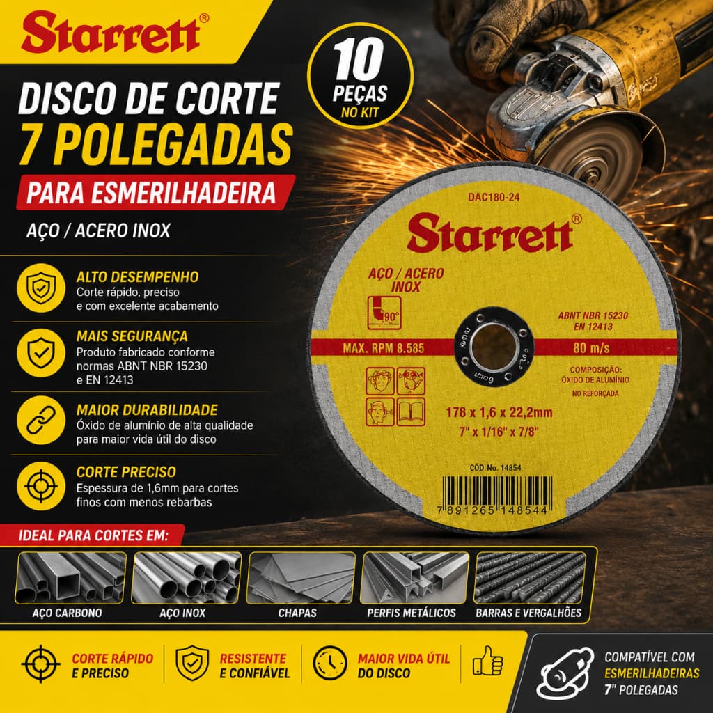 10 Peças Disco De Corte 7 Polegadas Esmerilhadeira Starret Prateado