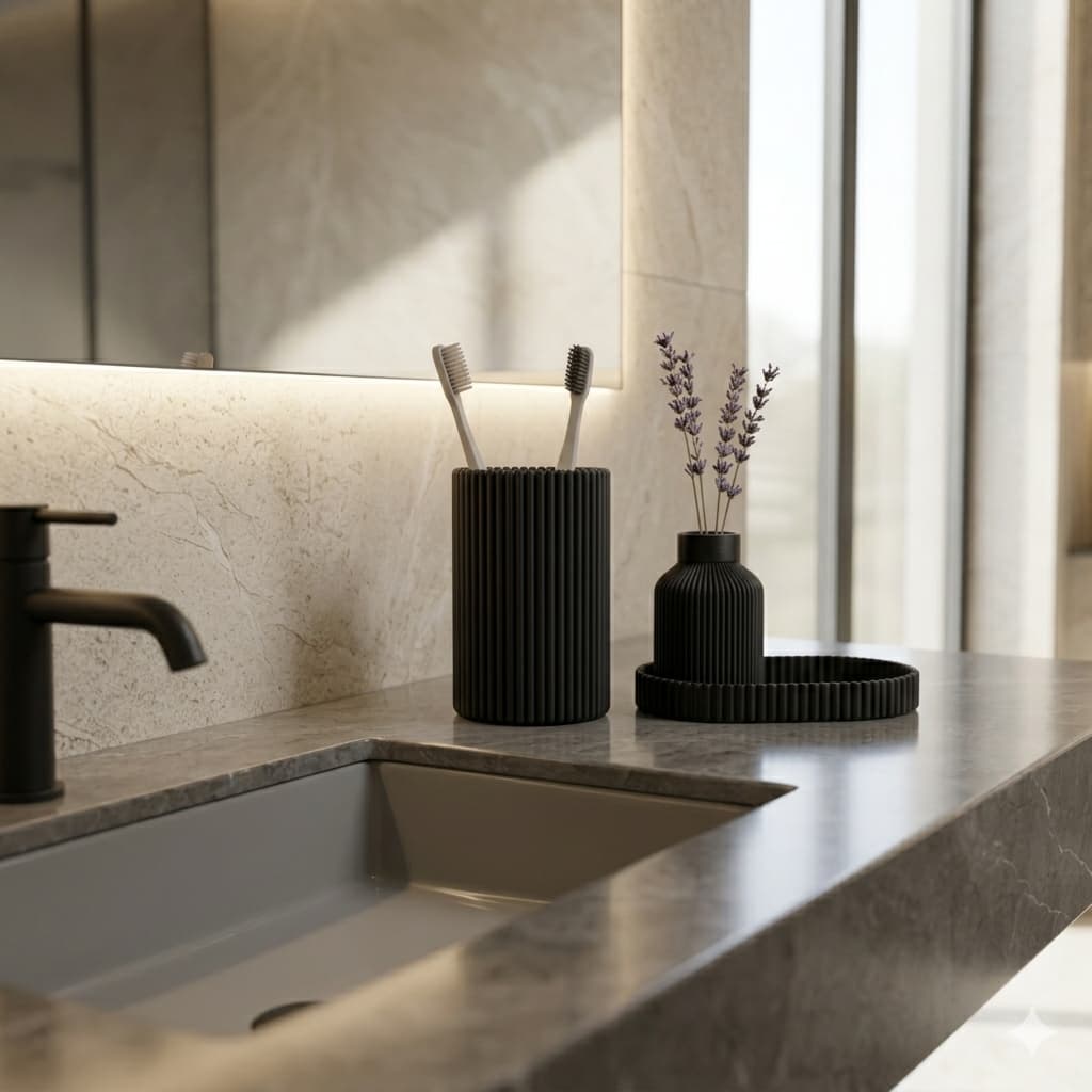 Kit 3 Peças Porta Escovas de Dente Bandeja e Vaso com Design Moderno e Elegante para Banheiro Organizado