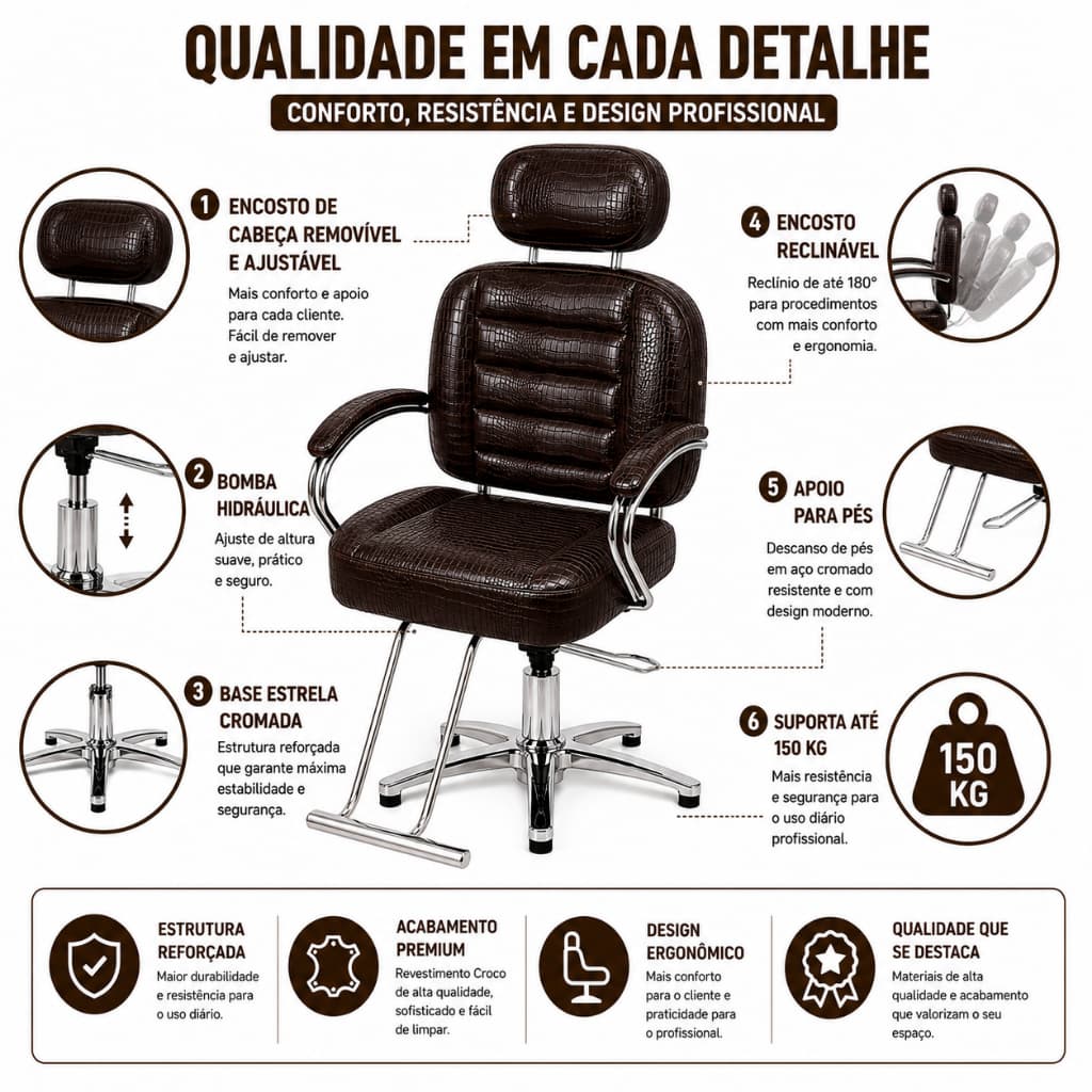 Cadeira Barbeiro Profissional Reclinável Marrom