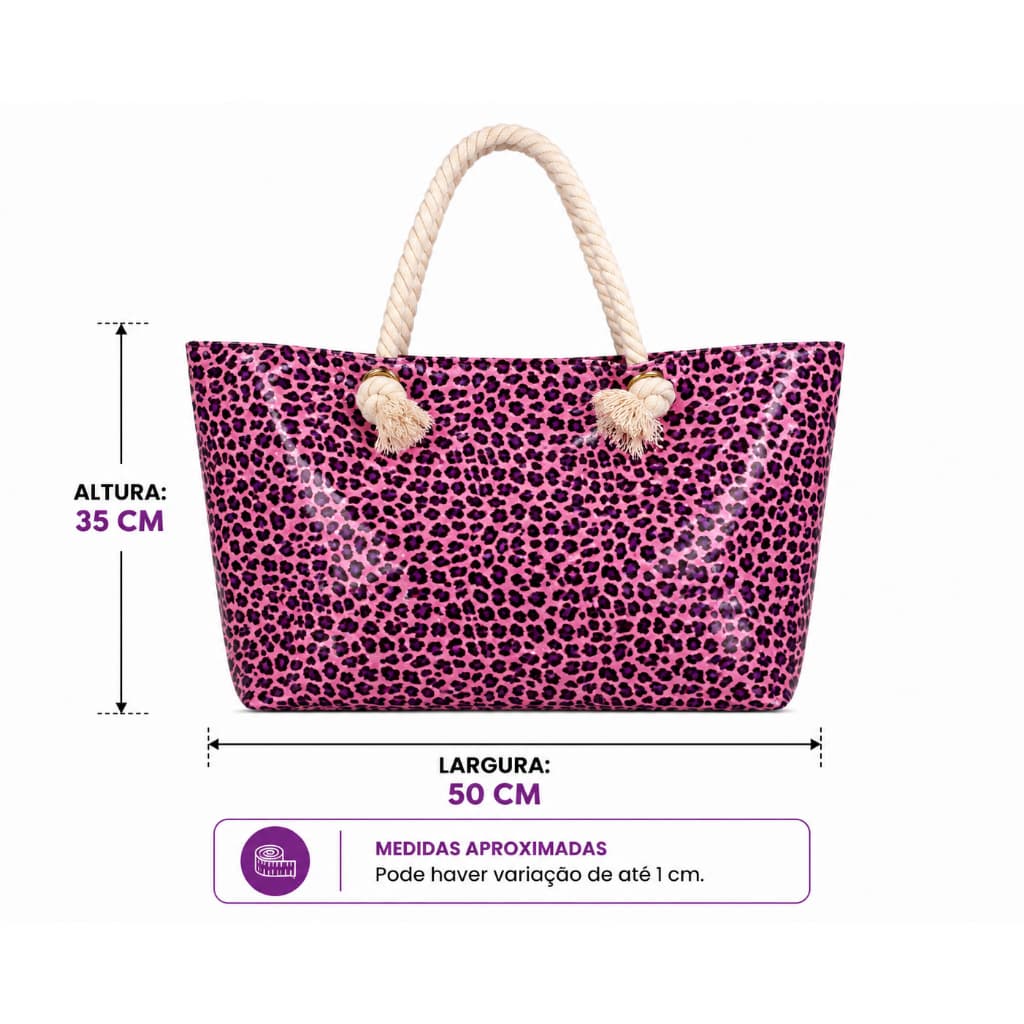 Bolsa Feminina Animal Print Roxa com Alças de Corda e Fechamento por Zíper 50x35x15cm