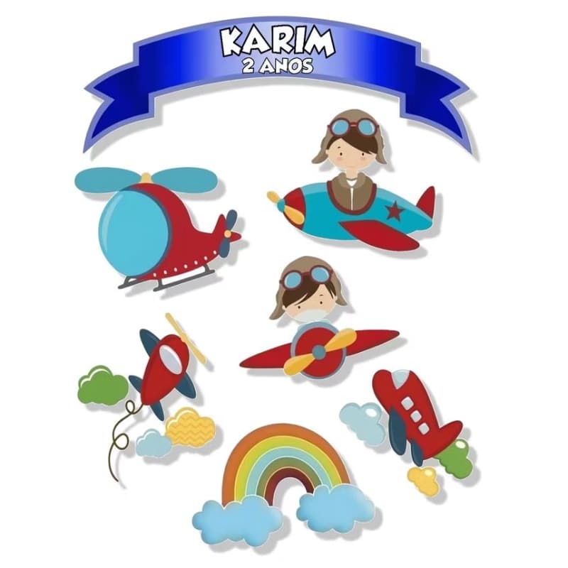Topo Topper de Bolo Aviador Avião Personalizado Nome Idade 2 QP6
