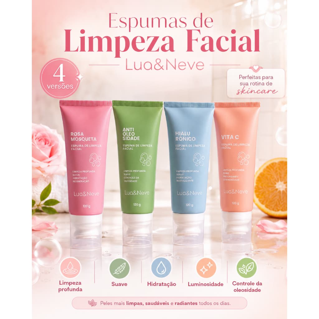 Espuma de Limpeza Facial Lua & Neve120g  Skincare Rosa Mosqueta,Anti Oleosidade,Hialurônico e Vita C