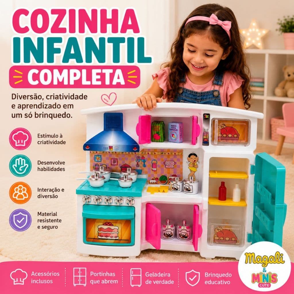 Cozinha Infantil Magali Completa Com Geladeira Fogão Forno Acessórios Educativa Para Crianças 3 Anos