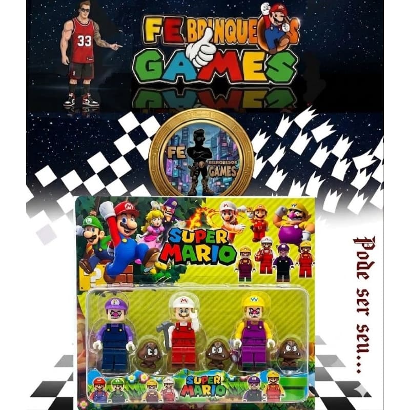 brinquedo Cartelado super Mario lego com 3 bonecos