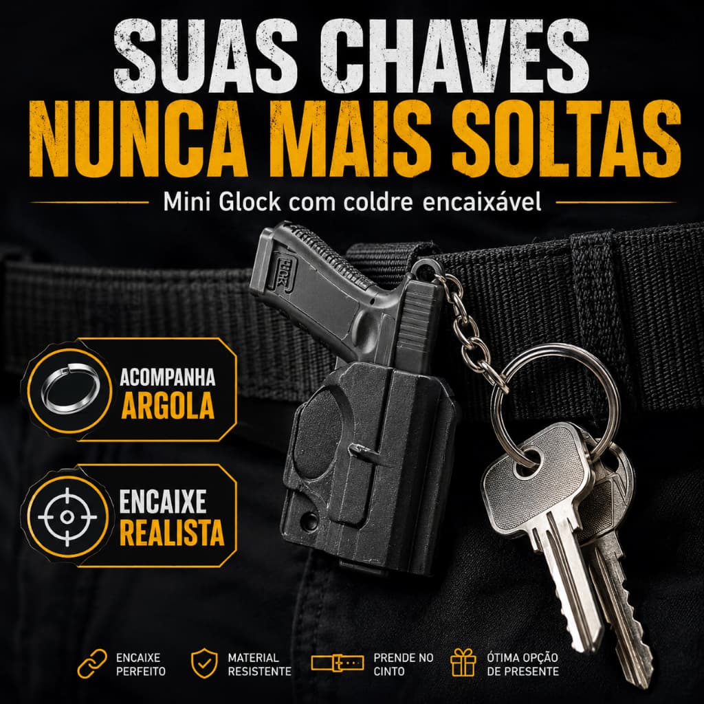 Chaveiro Tático Mini Glock com Coldre | Encaixe Rápido | Argola Metálica | Presente Criativo