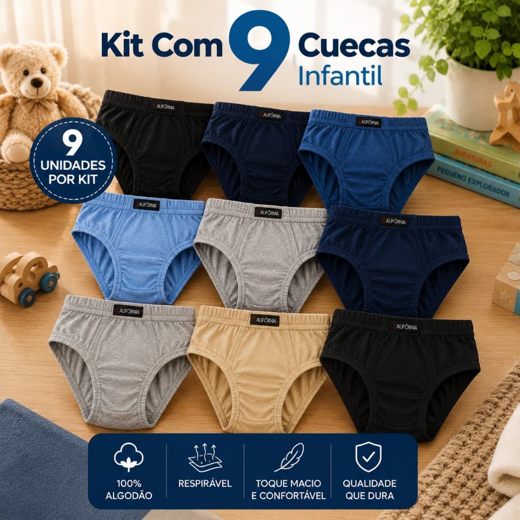 Kit 9 Cuecas Infantil Califórnia Menino 100% Algodão Cueca Infantil Masculina Confortável Cores Sortidas