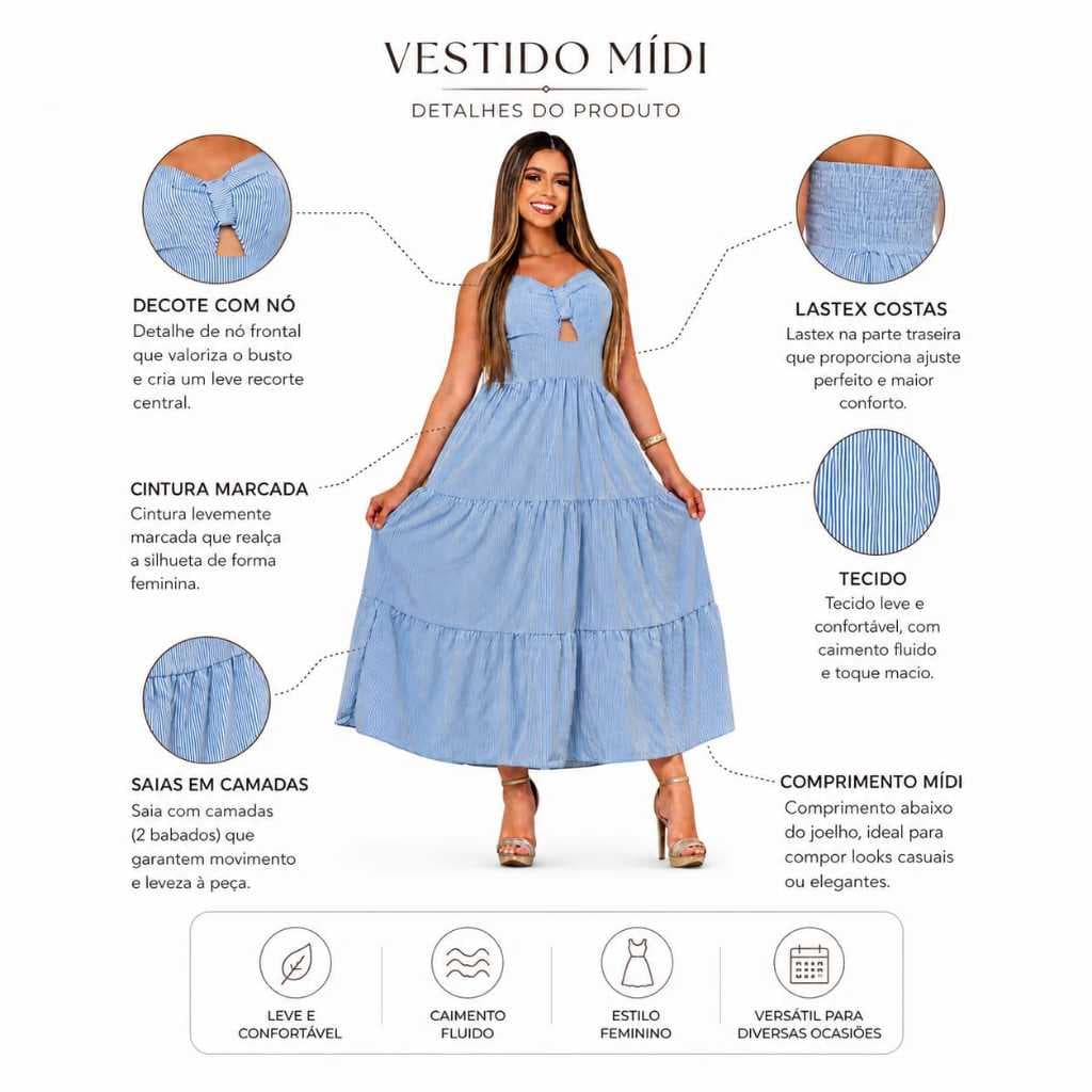 VESTIDO FEMININO LUXUOSO ELEGANTE CASUAL DECOTADO ALCINHA AJUSTÁVEL