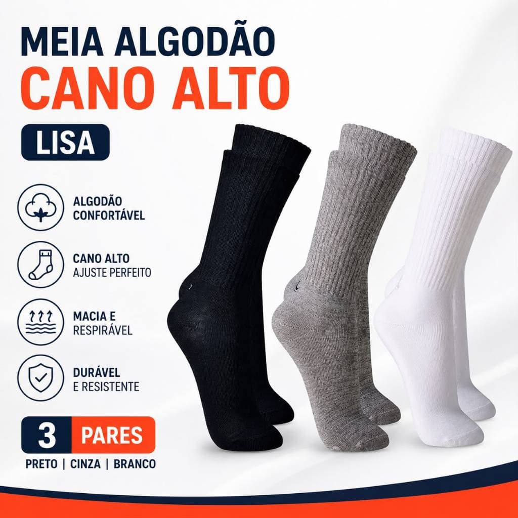 Meia Unissex Cano Alto Esportiva Branca Preta Cinza Premium