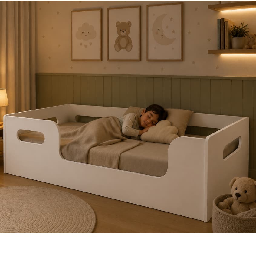 Cama Encanto Montessoriana Infantil Branca com Colchão Grades Laterais de Proteção