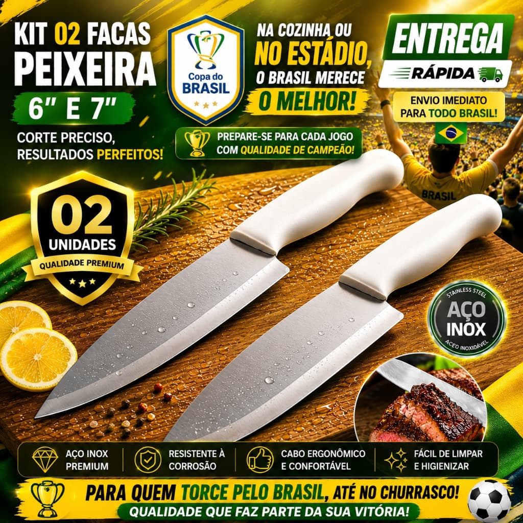 KIT  2 FACAS PEIXEIRA AÇO INOX PROFISSIONAL DE 6" E 7" POLEGADAS PARA CHURRASCO, LEGUMES, PEIXES RESTAURANTE COZINHA