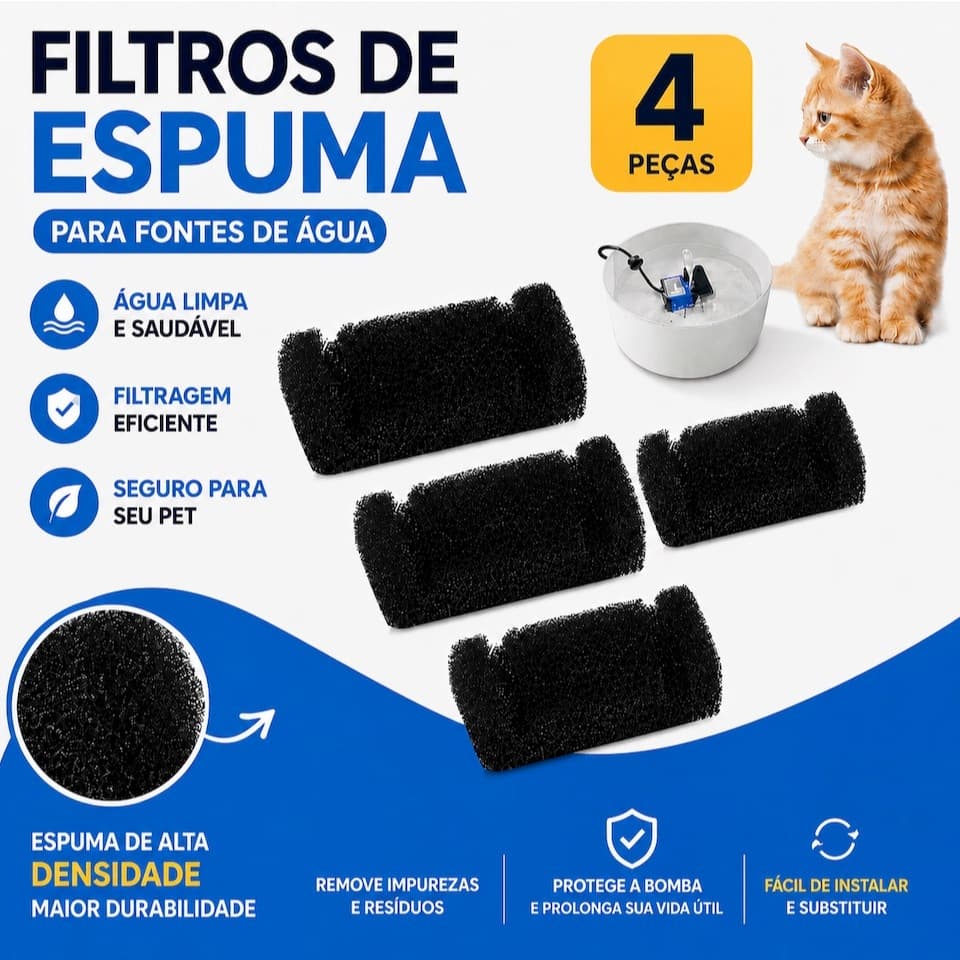Kit 4 Filtro de Espuma Para Bebedouro Gatos Pet Animais Substituição Refil Fonte Água