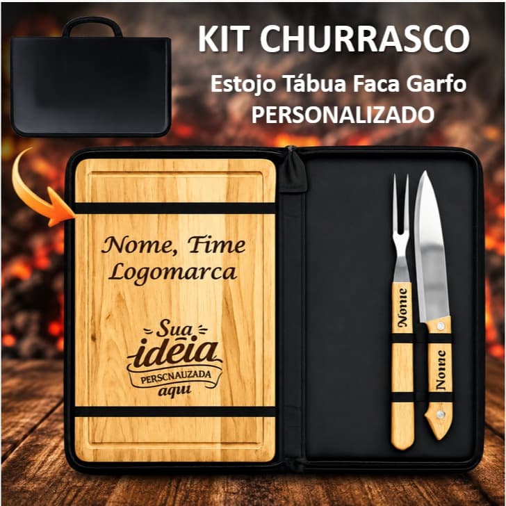 Kit Estojo Tábua Faca Garfo Churrasco Personalizado Churrasqueiro Dia Dos Pais Namorados Time Nome