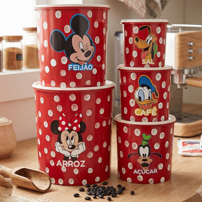 5 Porta Mantimentos Cozinha Vasilha de Plástico com Tampa Decorada Organização e Armazenamento