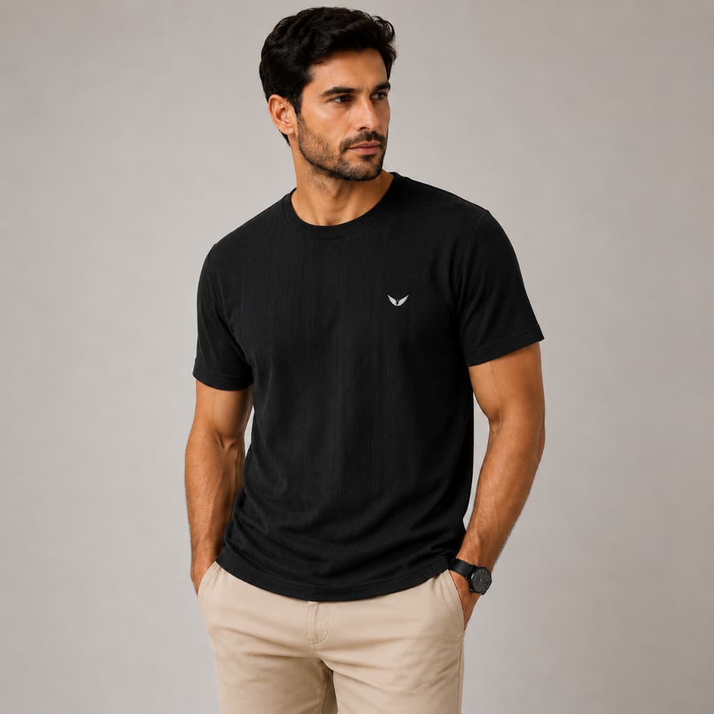 Camiseta Preta Texturizada Masculina Modelagem Ajustada Casual Gola Redonda Premium