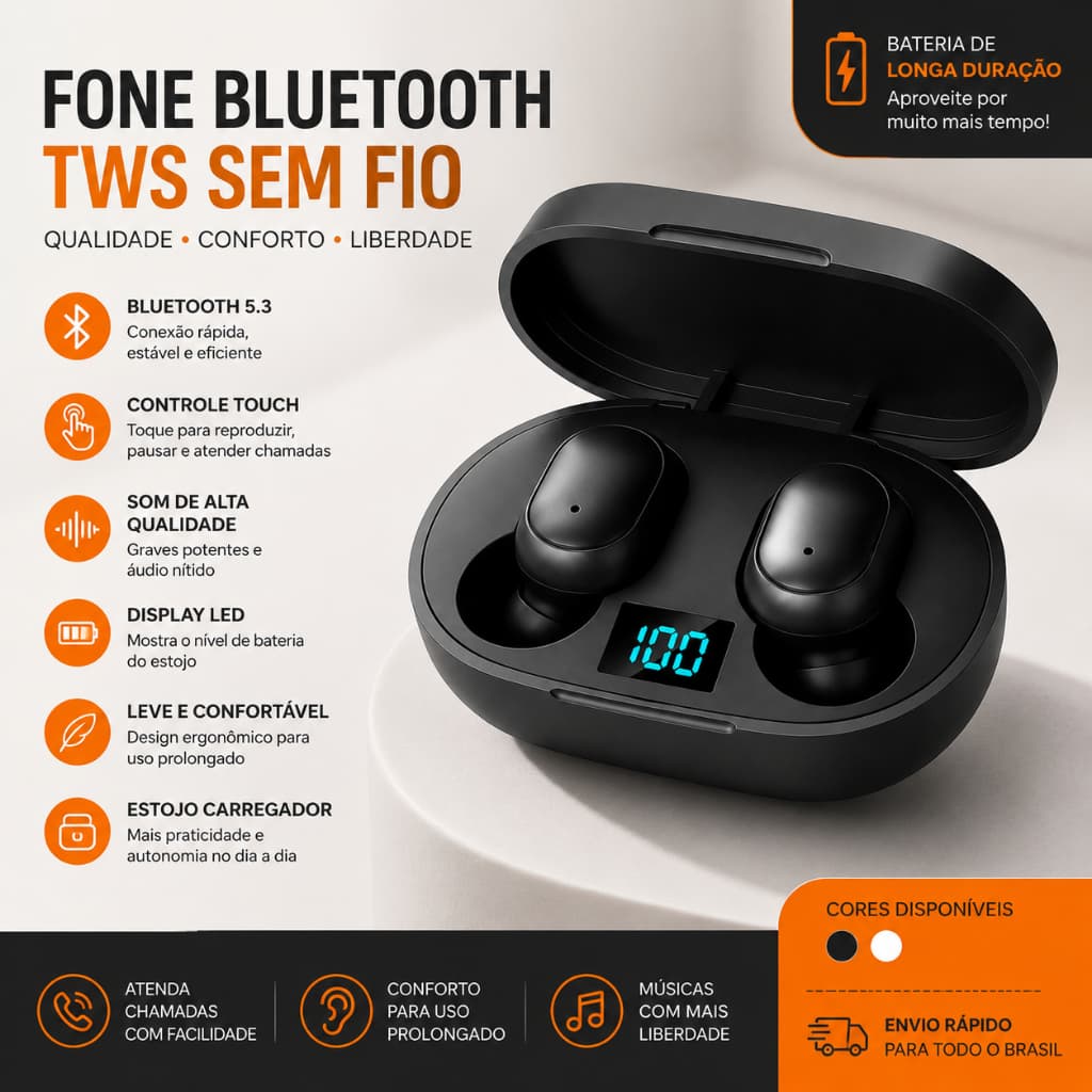 Fones de ouvido sem fio Bluetooth E6S TWS - Preto, Cancelamento de Ruído, Display LED, IPX7