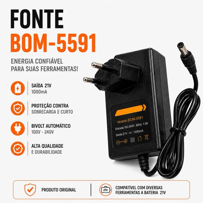 Fonte 21V Bivolt Para Ferramentas Elétricas Alta Durabilidade Compatível Com Diversos Modelos BOM-5591