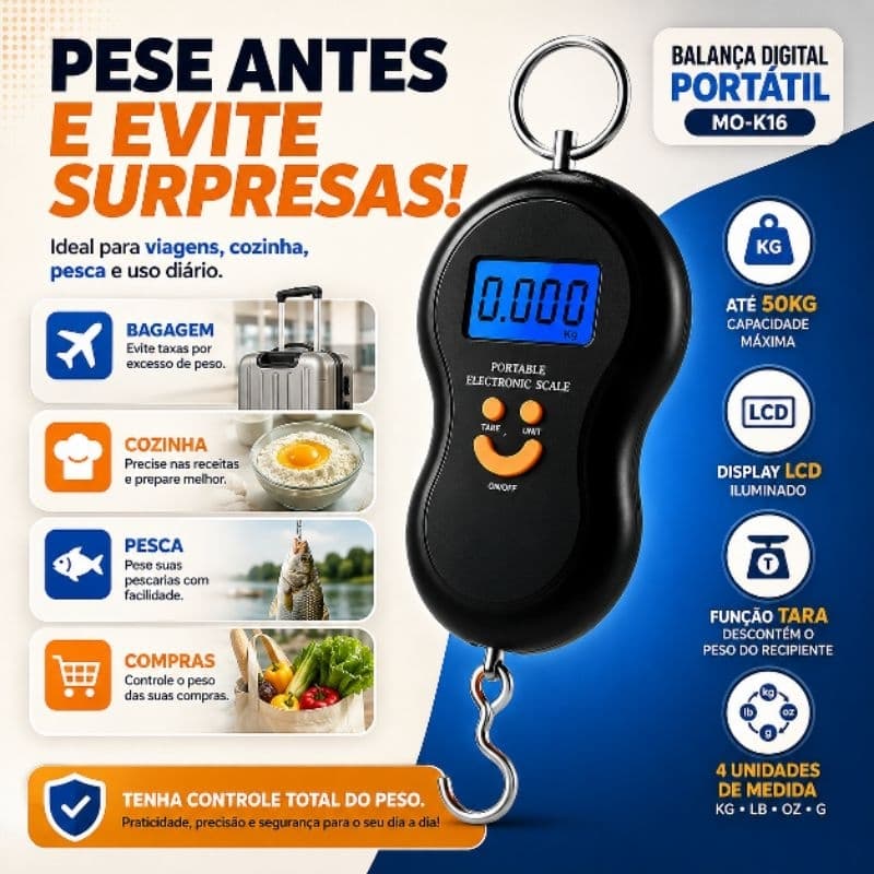 Balança Digital Portátil 50kg LCD Gancho Cozinha Pesca Bagagem MO-K16 Sortidos
