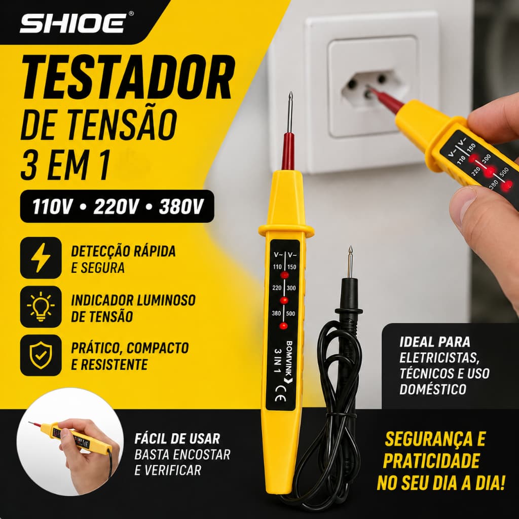 🔌 TESTADOR DE TENSÃO DIGITAL 3 EM 1 – 110V | 220V | 380V | 500V ⚡