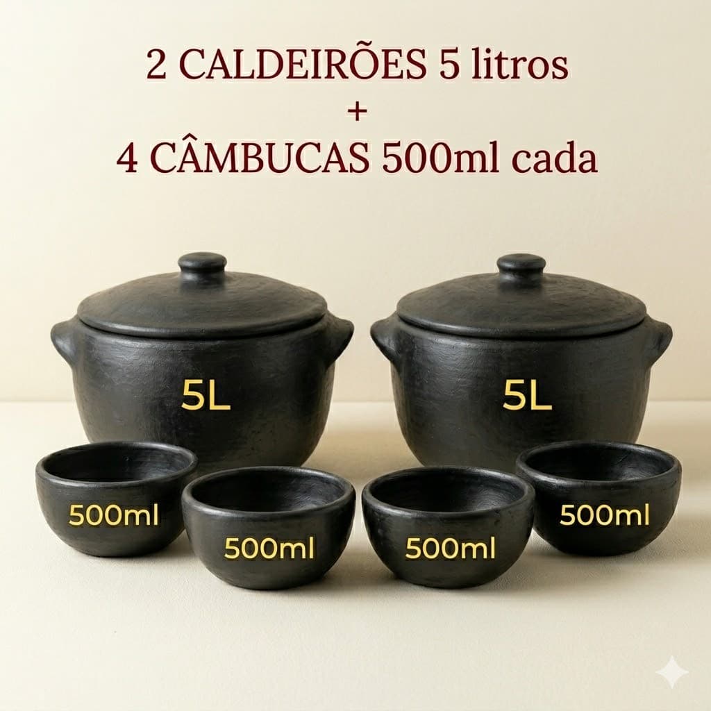 Kit 2 Caldeirão de Barro capixaba 5 litros + 4 Câmbucas 500ml  cada/Feijoada,caldos, sopas