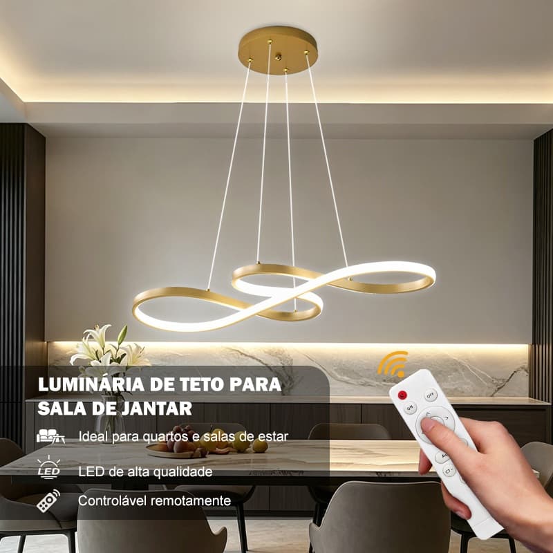 Lustre Pendente LED 40W Dourado 75cm 3 Cores de Luz com Controle Remoto 220V para Sala de Estar