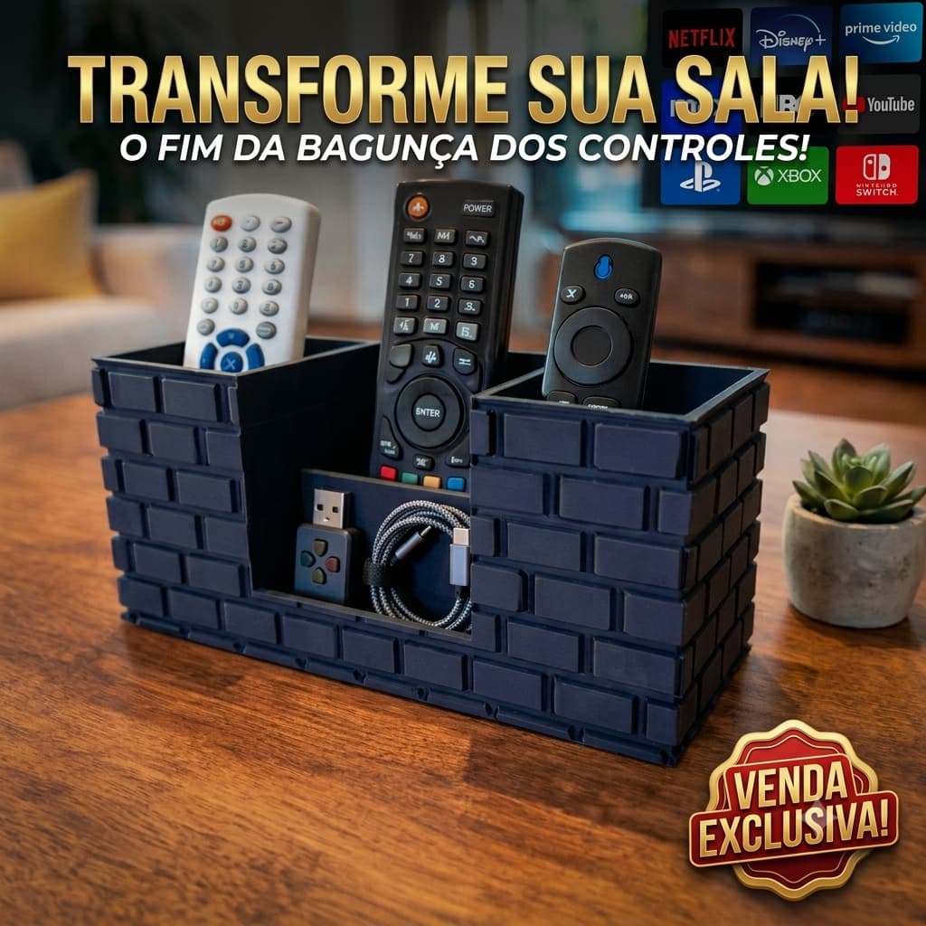 Organizador de Controle Remoto Estilo Tijolo – Porta Controles 3 Divisórias Decorativo