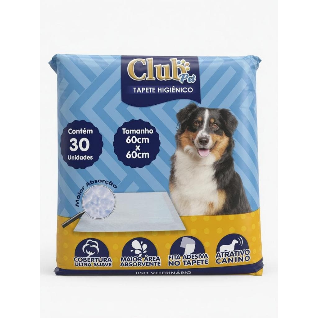 Tapete Higiênico Club Pet 60x60cm - 30 Unidades | Absorção Máxima + Fita Adesiva + Atrativo Canino