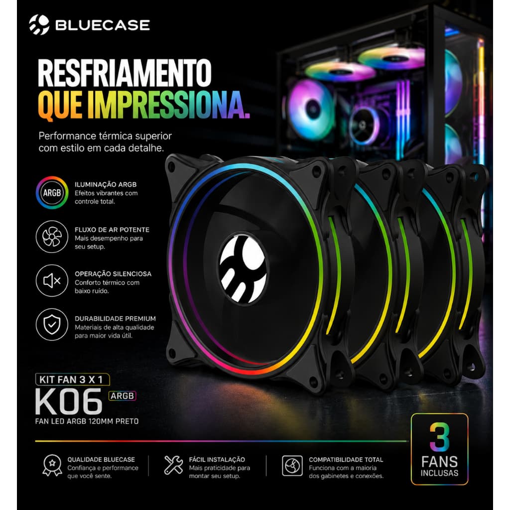 KIT COM 3 FANS ARGB CONTROLAVEL K06ARGB LED 120MM BLUECASE BLACK