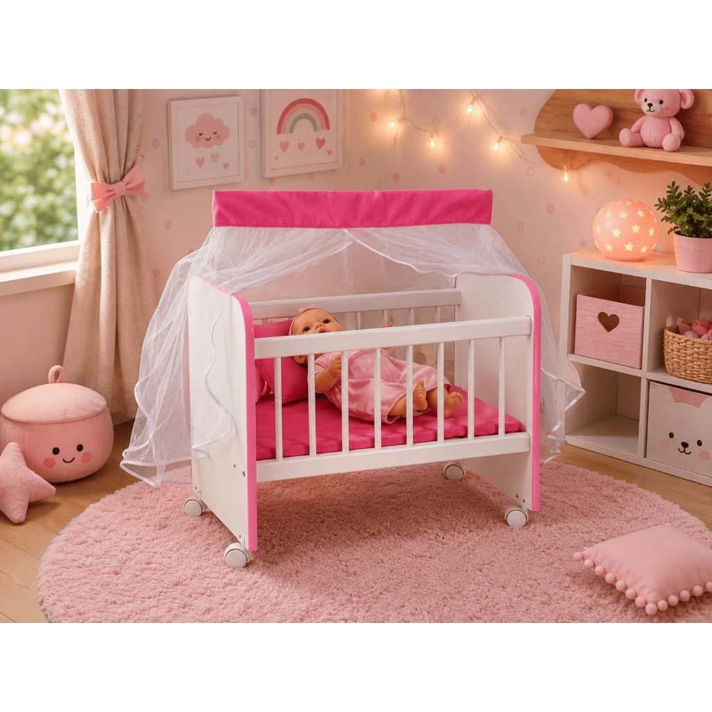 Brinquedo Berço de Boneca Rosa com Colchão + Véu Mosquiteiro e Rodinhas