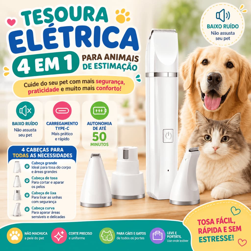 Aparador Pet 4 em 1 Silencioso Recarregável para Cães e Gatos