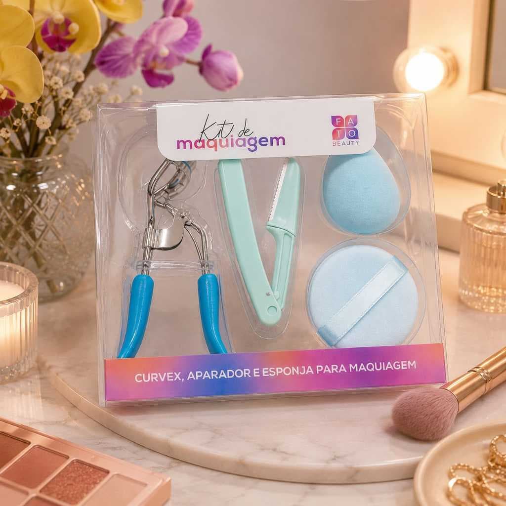 Kit de Maquiagem com Curvex, Aparador de Sobrancelhas e Esponjas | Kit Completo de Beleza