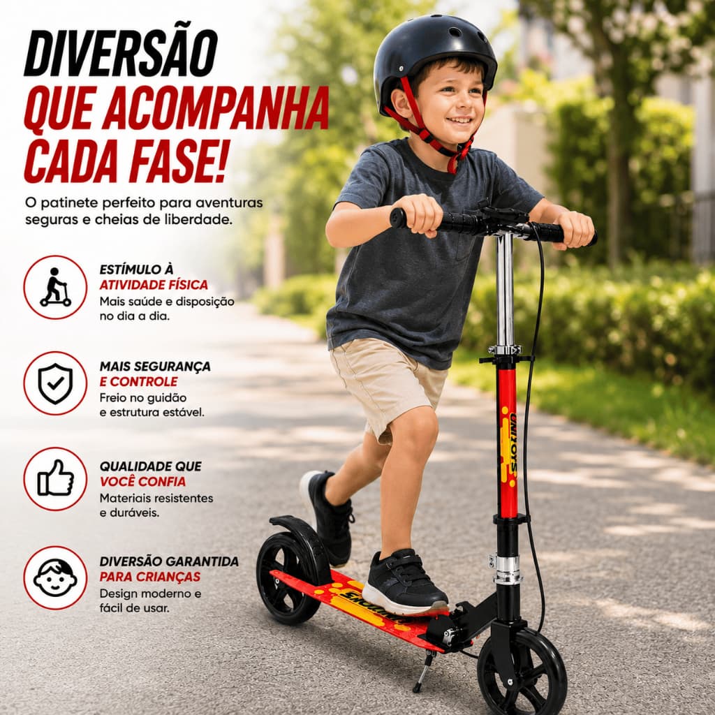 Patinete Infantil Dobrável Com Rodas Grandes Freio No Guidão Ajustável Preto Vermelho Até 70kg