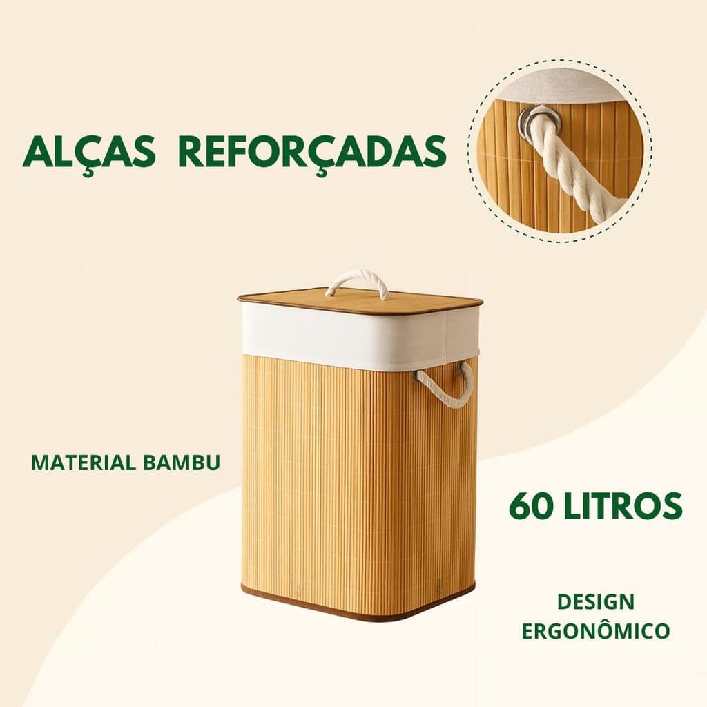 Cesto de Roupaem Bambu 60L Organizador Com Revestimento interno - Dobrável Alta Capacidade